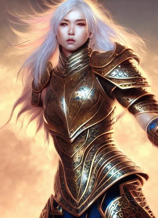 Image similar to warrior, intricate ornate opal heavy armor!!! beautiful and athletic white hair female!! gorgeous face and eyes!! character concept art, sharp focus, octane render! unreal engine 5! highly rendered!! trending on artstation!! detailed linework!! illustration by artgerm, wlop, and chie yoshii