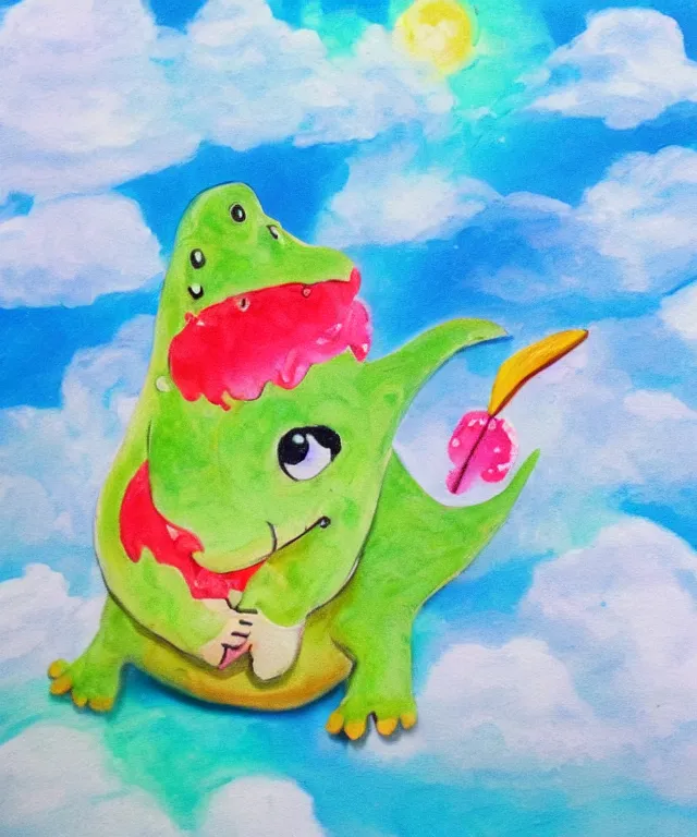 Image similar to a cute little dinosaur, water painting, cotton candy, fluffy clouds