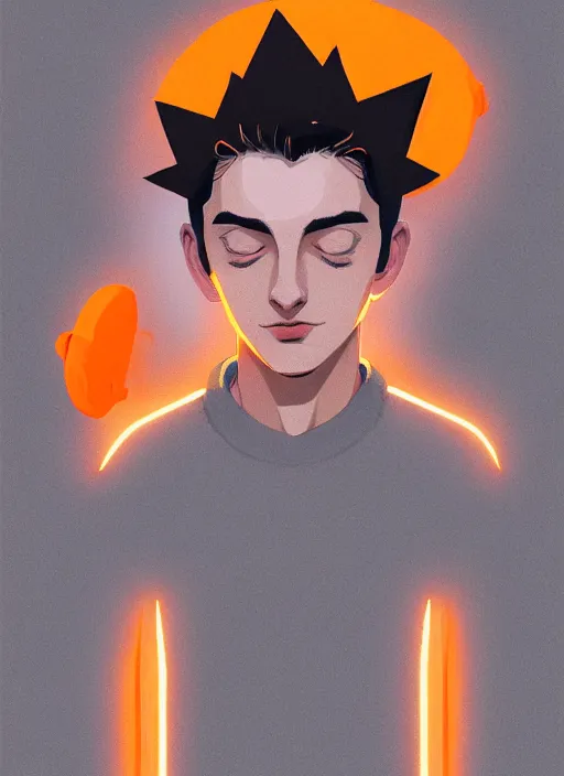 Image similar to portrait of teenage jughead jones wearing a light grey crown, symmetrical crown, hamburger background, eyes closed, crown, black hair, orange, intricate, elegant, glowing lights, warm lighting, highly detailed, digital painting, artstation, concept art, smooth, sharp focus, illustration, art by wlop, mars ravelo and greg rutkowski