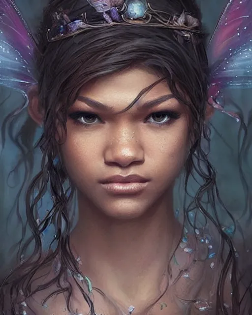 Image similar to zendaya as a fairy, hyper realistic face, beautiful eyes, fantasy art, in the style of greg rutkowski, intricate, hyper detailed, smooth