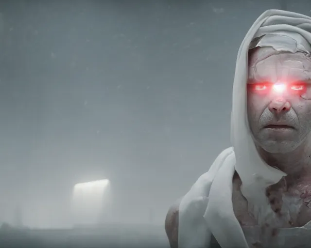 Image similar to a film still of gorr the god butcher wrapped in white cloth, in neotokyo, cinematic lighting, high resolution, 4 k