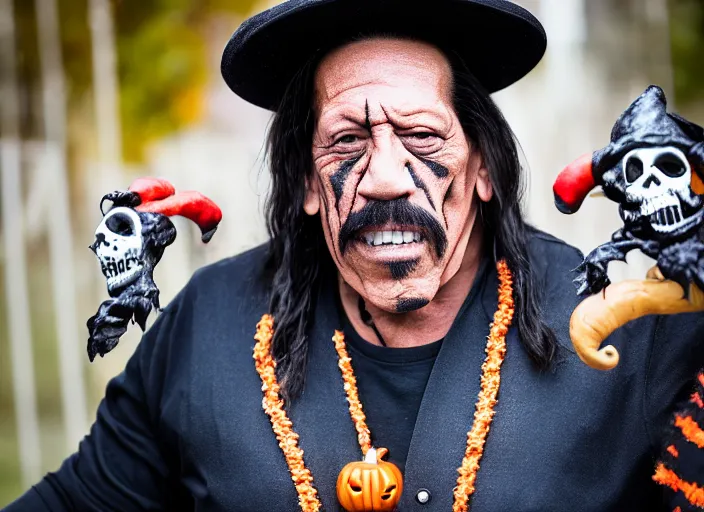 Image similar to dslr photo still of danny trejo trick or treating on halloween, 4 k, 1 2 0 mm f 1 6