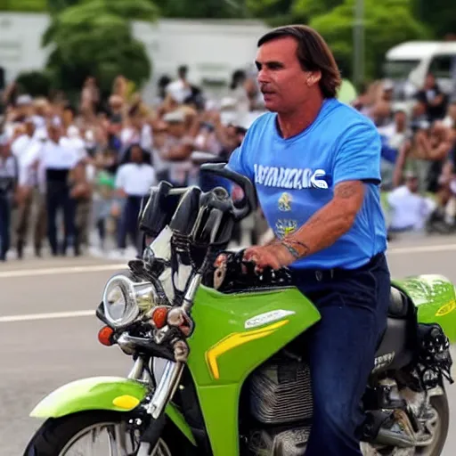 Prompt: brazil's chad president jair messias bolsonaro, riding a motorcicle with explosions on the background