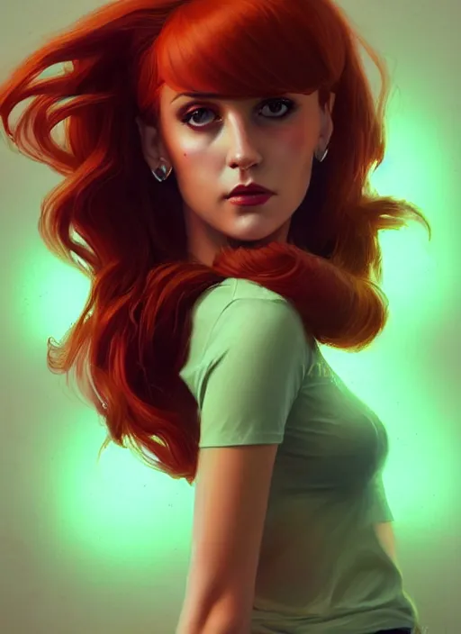 Image similar to full body portrait of teenage cheryl blossom, bangs, green eyes, mischievous expression, red hair, sultry smirk, bangs and wavy hair, intricate, elegant, glowing lights, highly detailed, digital painting, artstation, concept art, smooth, sharp focus, illustration, art by wlop, mars ravelo and greg rutkowski