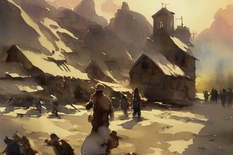 Image similar to small centered on watercolor paper, paint brush strokes, abstract watercolor painting of western viking town, midday sharp light, dust, cinematic light, american romanticism by hans dahl, by jesper ejsing, by anders zorn, by greg rutkowski, by greg manchess, by tyler edlin