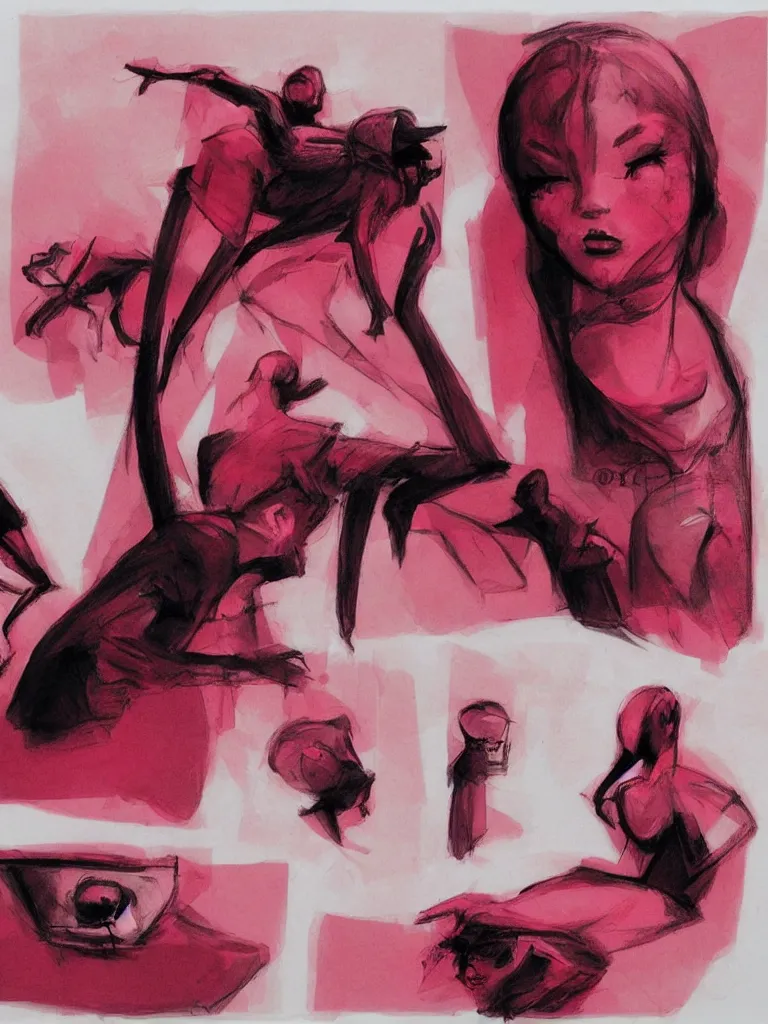 Image similar to sobbing, pink, red, and black sketches by concept artists, rule of thirds, whimsical!!!, light and shadow, backlighting