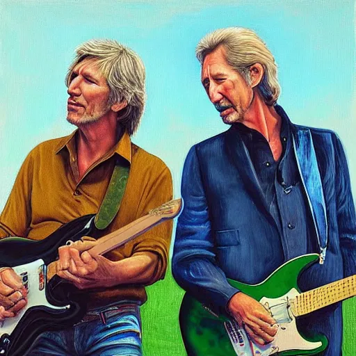 Prompt: “ Roger Waters and Eric Clapton kneeling before Mark Knopfler, oil painting, 4k”