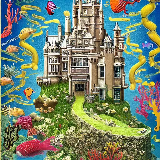 Image similar to a majestic view of a sprawling victorian castle submerged 1 0, 0 0 0 feet under the sea surrounded by octopii, starfish, seahorses, tropical fish