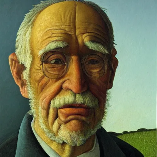 Image similar to detailing character portrait painting of old man by Grant Wood, on simple background, painting, middle close up composition