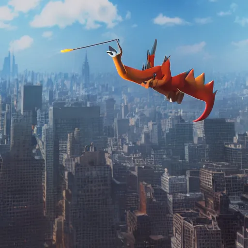 Prompt: charizard flying above new york, high detail shot, smoking, render, cgsociety, photorealism