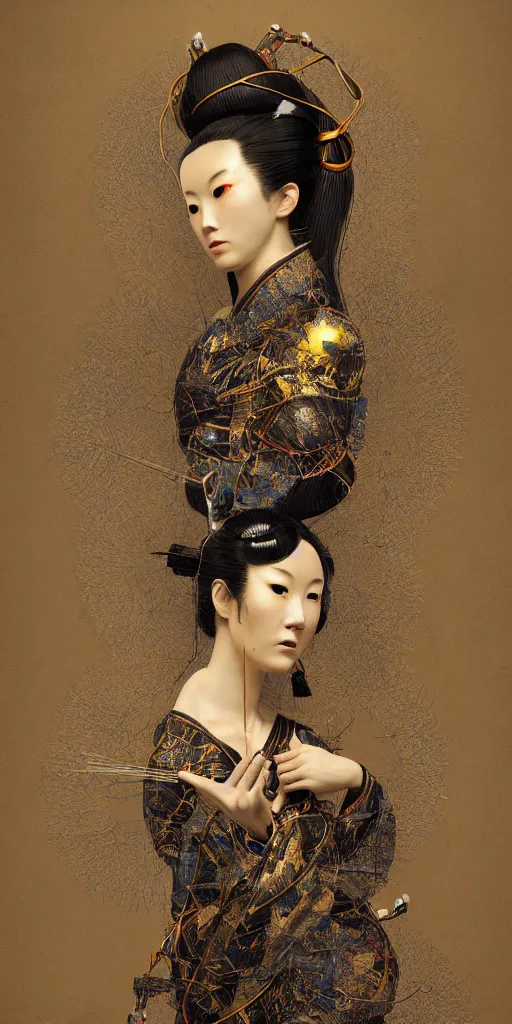 Prompt: portrait of a futuristic geisha, kintsugi, fractal, intricate, elegant, highly detailed, digital photography, subsurface scattering, by jheronimus bosch and greg rutkowski,