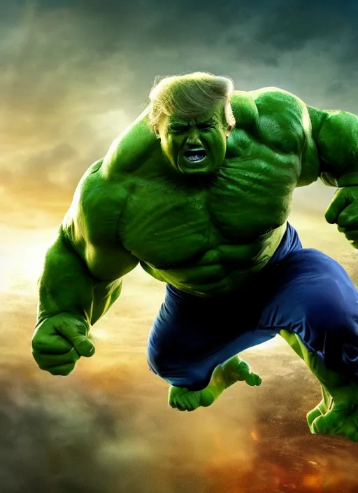 Image similar to donald trump as the hulk, superhero movie poster still, 4 k