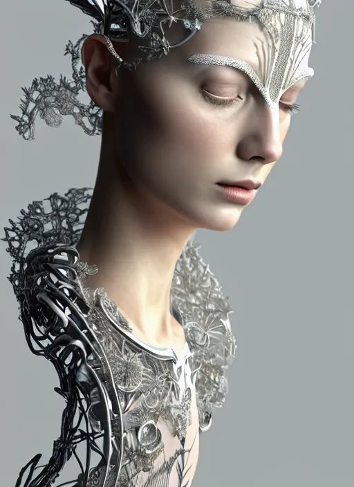 Image similar to complex 3d render ultra detailed of a beautiful porcelain profile young woman face, biomechanical cyborg, 150 mm lens, beautiful studio soft light, rim light, silver lemon details, magnolia big lemon and stems, roots, fine foliage lace, mesh wire, Alexander Mcqueen high fashion haute couture, art nouveau fashion embroidered, steampunk, intricate details, hyper realistic, ultra detailed, mandelbrot fractal, anatomical, facial muscles, cable wires, microchip, elegant, octane render, H.R. Giger style, volumetric lighting, 8k post-production