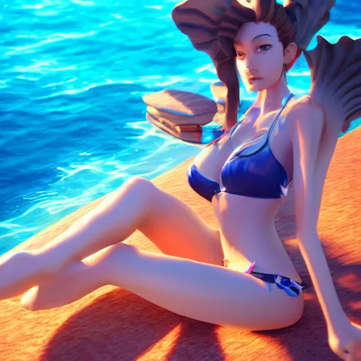 Image similar to pool party ahri catching the sun in hawaiian beach, ocean in the horizon, 3d render, octane render, 4k, very detailed, volumetric, instagram