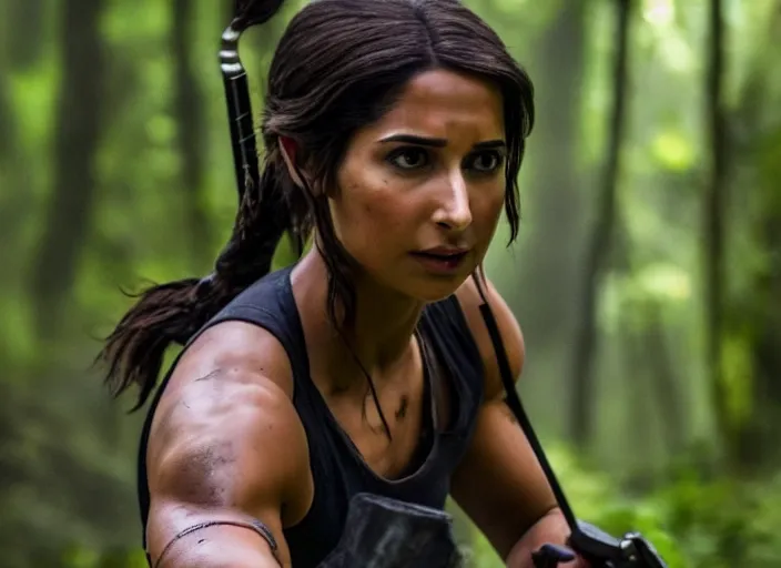 Image similar to film still of!!!! naomi scott!!! as lara croft in new tomb raider movie, 8 k