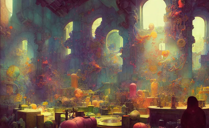 Image similar to alchemy laboratory, fantasy. intricate, amazing composition, colorful watercolor, by ruan jia, by maxfield parrish, by marc simonetti, by hikari shimoda, by robert hubert, by zhang kechun, illustration, gloomy