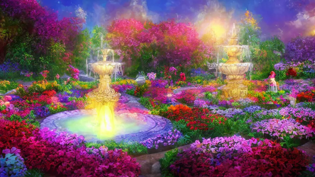 Image similar to Beautiful Flower garden with a fountain ” Beautiful Dreamscape, Digital art, concept art, detailed, lovely colors, Art station,3-D 4K, beautiful background, matte painting, ,