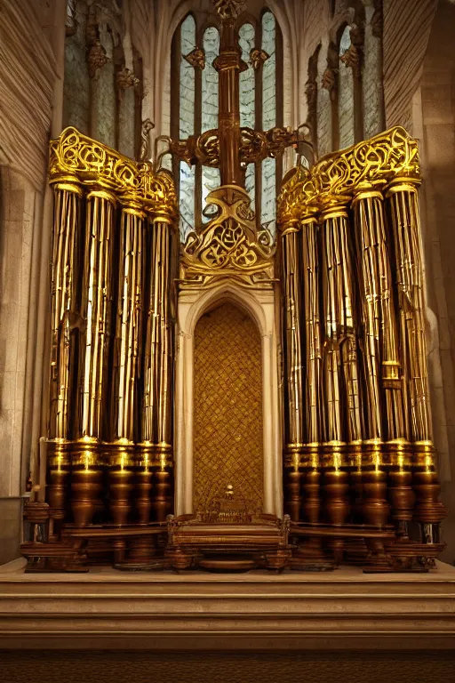 Image similar to a detailed render of an isolated lonely marble pipe organ in a church, with large golden pipes, in the middle of a field, supported by a lone stone column, trending on artstation, render, 3 d, octane, 4 k, 8 k, unreal engine, cinema 4 d