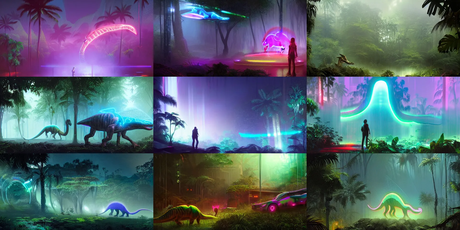 Prompt: spectral neon glowing holographic dinosaur holograms, foggy jungle in the background, by greg rutkowski
