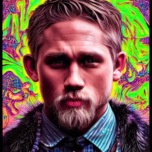 Prompt: portrait of charlie hunnam, hyper detailed masterpiece, neon floral pattern, jean giraud, digital art painting, darkwave goth aesthetic, psychedelic, artgerm, donato giancola and tom bagshaw