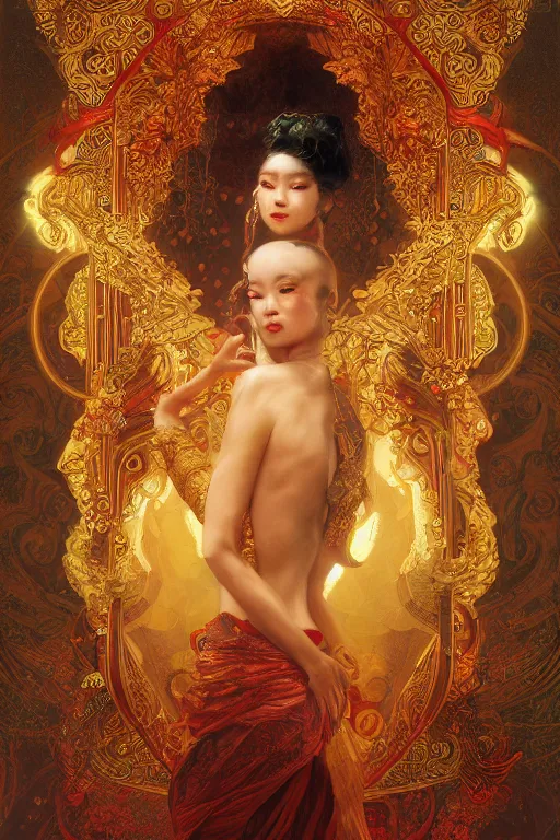 Image similar to tarot card artstation, portrait of an asian love dancer, sunrise, baroque ornamnet and rococo ornament, ancient chinese ornate, hyperdetailed, beautiful lighting, craig mullins, mucha, klimt, yoshitaka amano, red and gold and orange color palatte