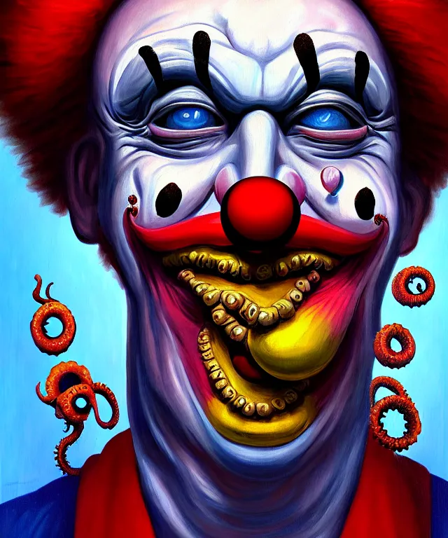 Image similar to a portrait painting of a clown, polycount, surrealism, surrealist, lovecraftian, cosmic horror, high detail