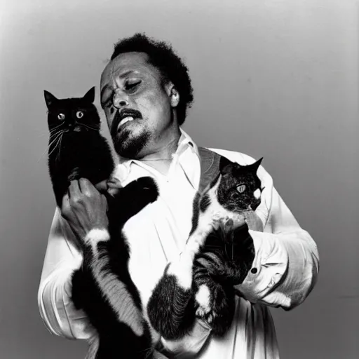 Image similar to wet glistening charles mingus holding a cat over his head on stage, professional, black and white