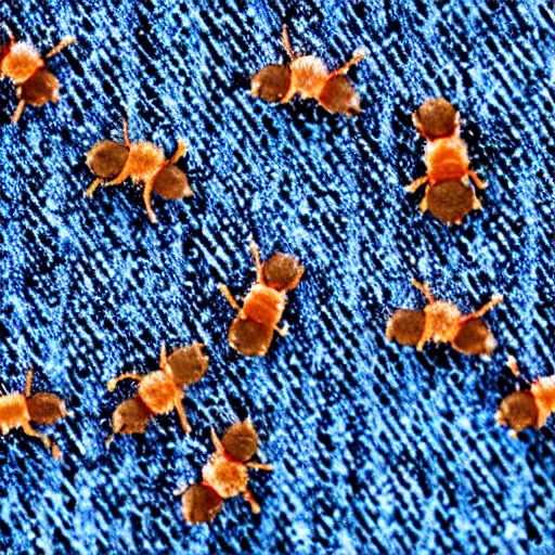 Prompt: microscopic zoom on a denim fabric, little ants walking all over it collecting crumbs, 8k, highly detailed, tactile