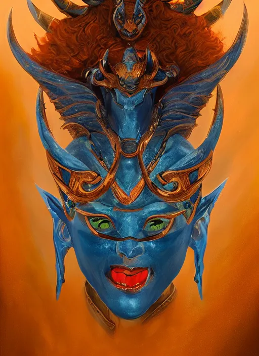 Image similar to a beautiful detailed oil on copper art illustration of a japanese blue devil mask woman, centered, by charlie bowater, zeng fanzh, trending on artstation, dim dusk lighting, cinematic lighting, detailed lighting, volumetric lighting, realistic, f 8, 4 k hd wallpaper