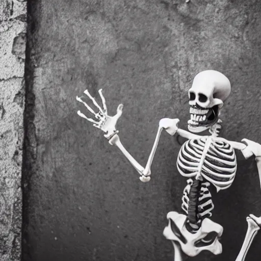 Prompt: a skeleton with a handlebar moustache dancing without a care, artistic photography, f stop, iso, gray dungeon background, very realistic