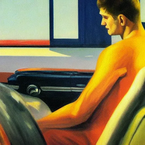 Image similar to a detailed painting, blonde man at a car store, edward hopper,