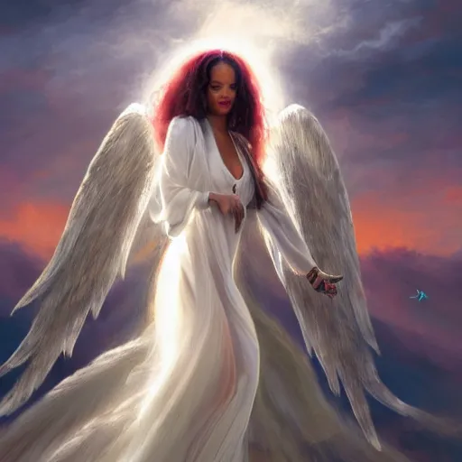 Prompt: a painting of rihanna like an angel, a young woman with long hair and a halo wearing a white top and beautiful dress, smiling in heaven, by jessica rossier