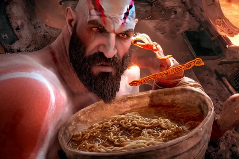 Image similar to cinematic screenshot of kratos from the god of war videogame eating ramen noodles in the international space station