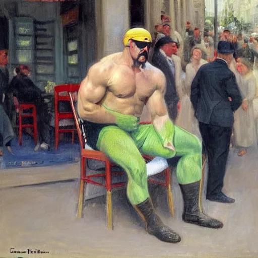 Prompt: painting of the wwf wrestler hulk hogan sitting outside a parisian cafe by emile friant