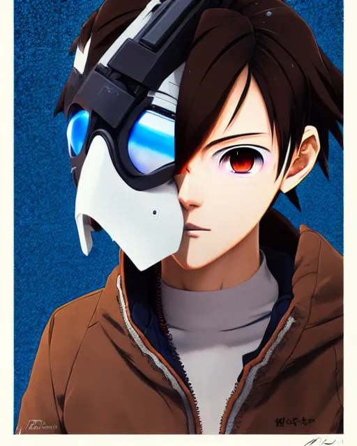 Image similar to Anime as Tracer Overwatch wearing snowboard mask, wearing brown leather coat || cute-fine-face, pretty face, realistic shaded Perfect face, fine details. Anime. realistic shaded lighting poster by Ilya Kuvshinov katsuhiro otomo ghost-in-the-shell, magali villeneuve, artgerm, Jeremy Lipkin and Michael Garmash and Rob Rey as Overwatch Tracer