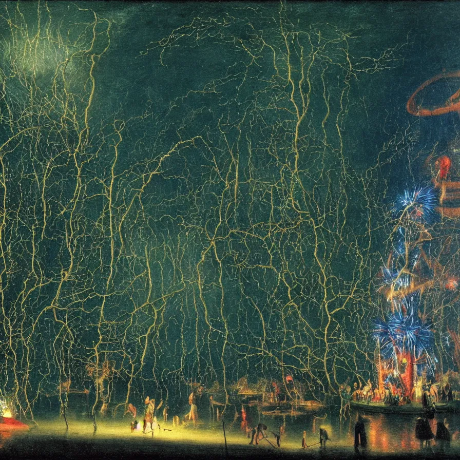 Prompt: closeup of a night carnival around a magical in a summer storm, tree cavity with a music scenario with many fireworks and christmas lights, next to a lake with iridiscent lake water, volumetric lightning, folklore people disguised with fantastic creatures in a magical forest by summer night, masterpiece painted by caspar david friedrich, scene by dark night environment, refraction lights,