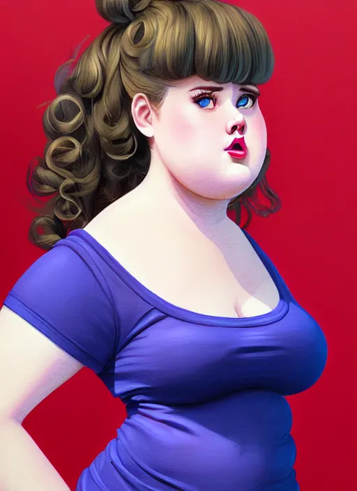 Image similar to full body portrait of teenage betty cooper, obese, bangs, ponytail, sultry, realistic, sultry smirk, ponytail hairstyle, fluffy bangs, curly bangs, skirt, fat, belly, intricate, elegant, highly detailed, digital painting, artstation, concept art, smooth, sharp focus, illustration, art by wlop, mars ravelo and greg rutkowski