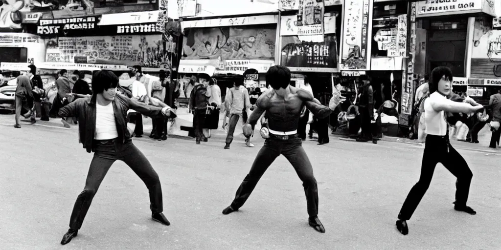 Prompt: bruce lee in a street fight with quentin tarantino on hollywood boulevard in the middle of traffic, hyperreal, onlookers, in style style of kill bill