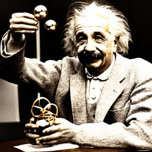 Image similar to einstein holding ( model of atom with metallic spheres ) in his hands, color