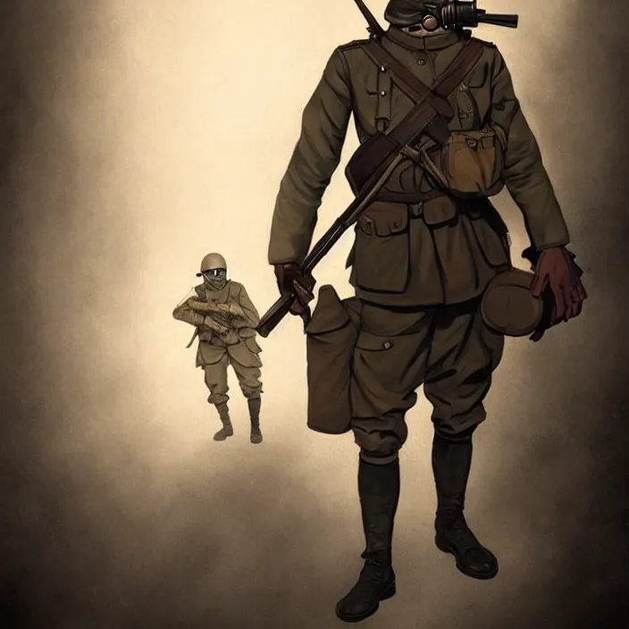 Prompt: portrait of a ww 1 german soldier with gas mask and rifle running towards us, scary, dark mood, epic lighting, in the style of artgerm and charlie bowater and atey ghailan and mike mignola, vibrant colors and hard shadows and strong rim light, comic cover art, plain background, trending on artstation