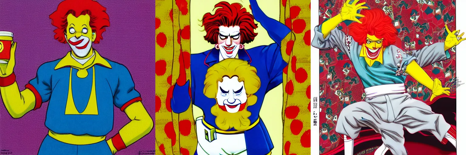 Prompt: Ronald McDonald, by Hirohiko Araki, color spread