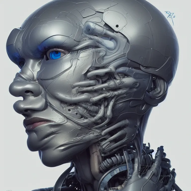 Image similar to 2 0 7 7 prototype exoskeleton portrait with ribbed jshzh face by rutkowsky and charles vess and james jean and erik jones and rhads, inspired by ghost in the shell, 3 d octane render, beautiful fine face features, intricate high details, sharp, ultradetailed, artistic photography