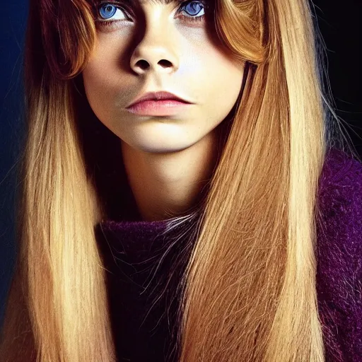 Prompt: photo of a gorgeous 20-year-old Cara Delevingne 1970s nerdy hairstyle by Mario Testino, detailed, head shot, award winning, Sony a7R -