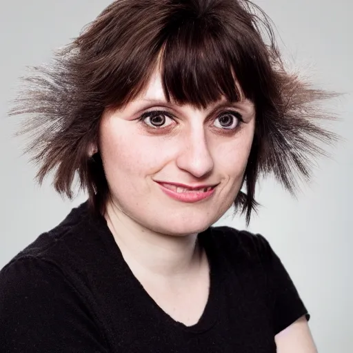 Image similar to photographic portrait of a hybrid of lisa minelli and isy suttie aged 2 7, with a fringe, 8 k