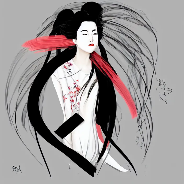 Image similar to youthful geisha, portrait, aerodynamic, fast, beautiful face, digital art, hd, concept art, by santiago calatrava, by zaha hadid