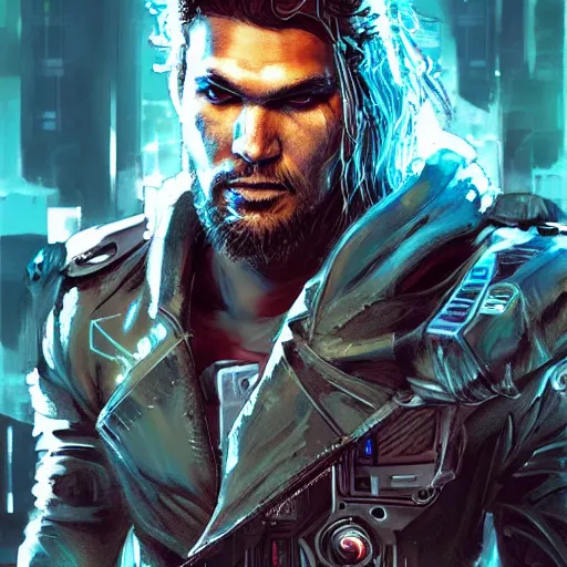 Image similar to a cyberpunk painting of Jason Mamoa as a cyborg by Ross Tran, digital art