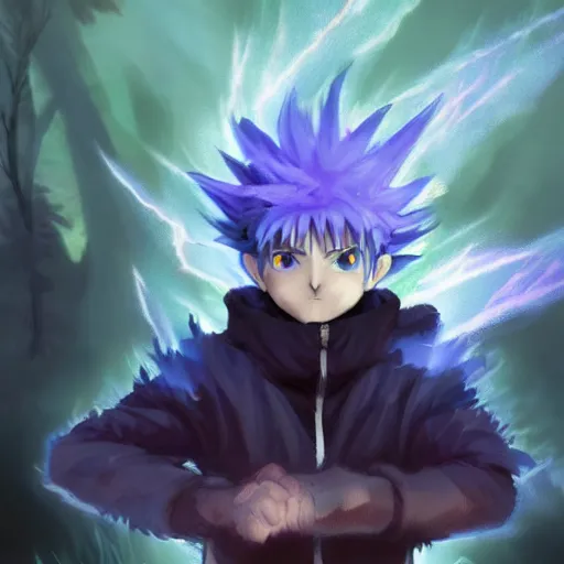 Image similar to killua electric lightning dark forest purple hunter x hunter greg rutkowski hd concept anime art