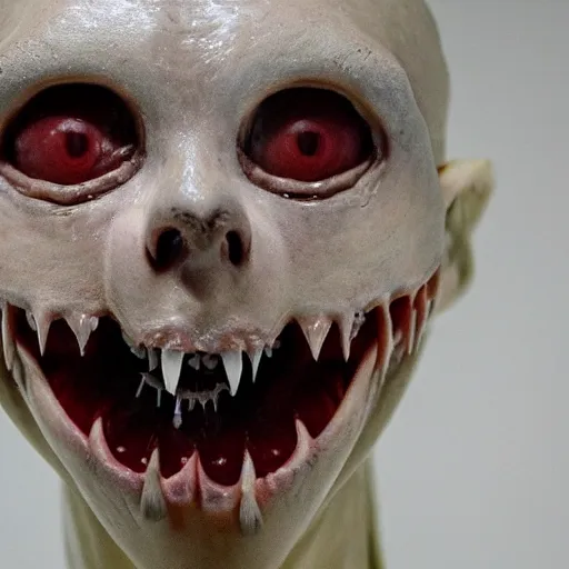 Prompt: Closeup of a humanoid creature's face with large fangs, it has transparent skin, white skin, creepy pasta, realistic