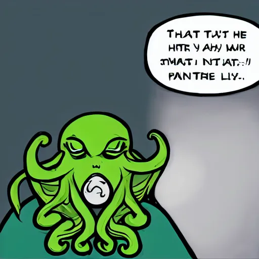 Prompt: cthulhu blushing after the warlock that summoned him asked for a date, cartoonish, cute