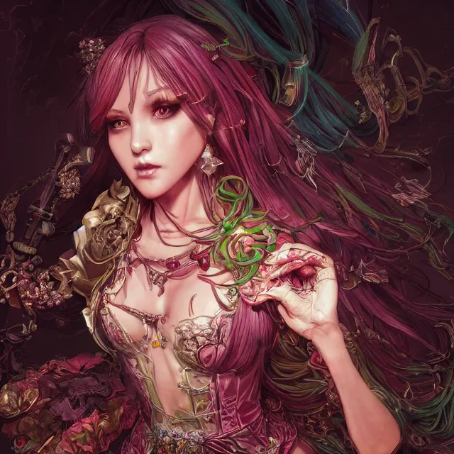 Prompt: the portrait of chaotic evil fallen sensual female necromancer overlord as absurdly beautiful, gorgeous, elegant young idol, an ultrafine hyperdetailed illustration by kim jung gi, irakli nadar, intricate linework, bright colors, octopath traveler, final fantasy, unreal engine 5 highly rendered, global illumination, radiant light, detailed and intricate environment